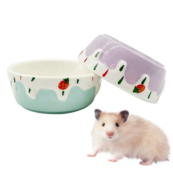 Hamster Food Bowl,Small Animals Ceramic Food Water Bowl Prevent Tipping Moving for Guinea Pig Rabbit Gerbil Chinchilla Hedgehog Rat (2 Pack) (- Color: Purple + Blue)