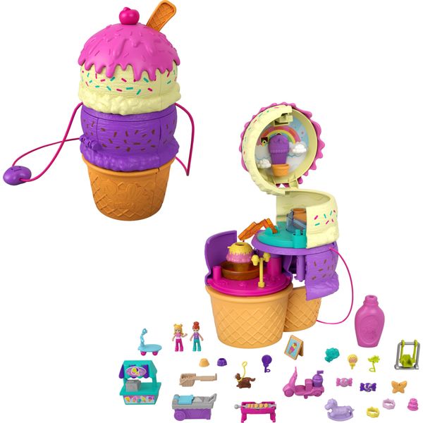 Polly Pocket Dolls and Accessories, Ice Cream Cone-Shaped Playground with 3 Floors and 2 Micro Dolls, Spin ‘n Surprise Compact​​