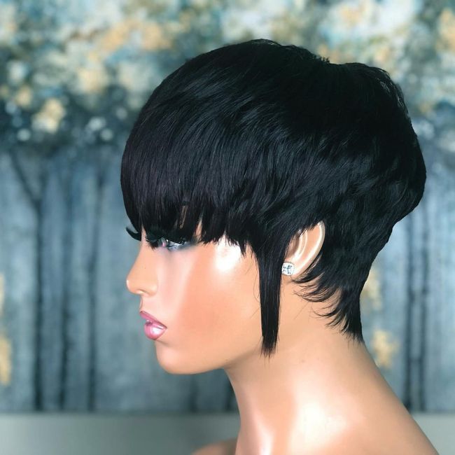 QiaQiaRing Short Pixie Cut Wigs for Black Women Brazilian Remy Human Haircut Wigs Oylove Hair Short Layered Cut Wigs 150% Density Full Machine Made Natural Black Color