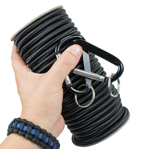 Shock Cord - Marine Grade with 2 Carabiners - 1/8, 3/16, 1/4 Inch on 25, 50, 100 Foot Spools - Made in USA - Bungee Cord, Stretch Cord, Elastic Cord (Electric Royal Blue, 1/8 Inch x 25 Feet)