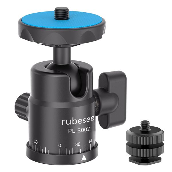 Mini Ball Head, rubesee Panoramic Camera Tripod Head with 1/4" Screw Shoe Mount, 360 Rotatable Metal Adapter for DSLR Camera Tripods Monopods Camcorder Light Microphone Photography, Max Load 5.5lbs