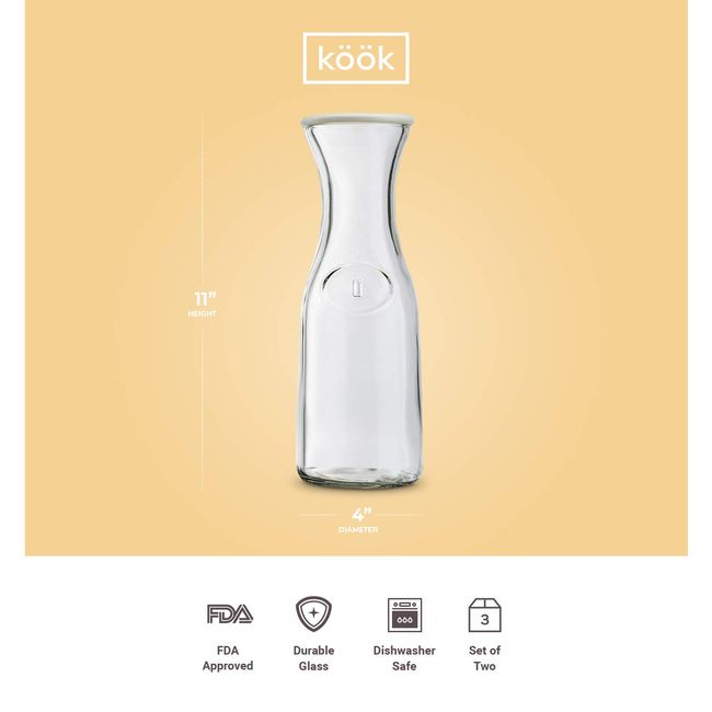 Kook Glass Carafe Pitchers, Beverage Dispensers, Clear Jugs For Mimosas,  Water, Wine, Milk and Juice, with Plastic Lids, Dishwasher Safe (Large  Carafe
