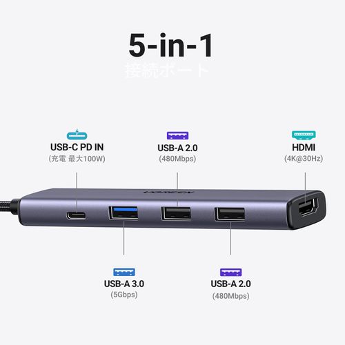 UGREEN Revodok 105 USB C Hub 5-IN-1 USB Hub Type-C 100W PD Rapid Charge 1*USB3.0+2*USB2.0 Port for 5Gbps Ultra Fast Data Transfer, Slim Hub 4K HDMI Output, Windows 10/8.1/8/7/Vista/XP;MAC