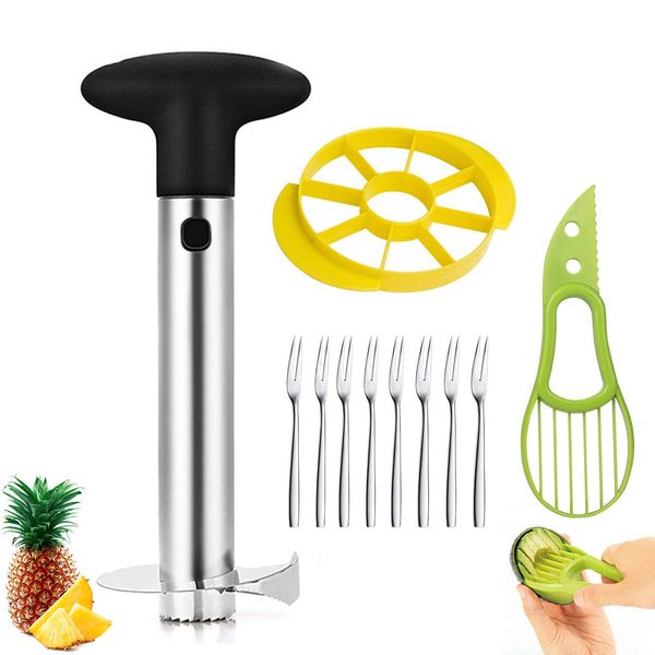 Pineapple Peeler Slicer, JESSTOLO 3 in 1 Stainless Steel Pineapple Corer Slicer Remover Tool for Home Kitchen with 1 Detachable Wedge, 1 Avocado Knife and 8 Fruit Forks