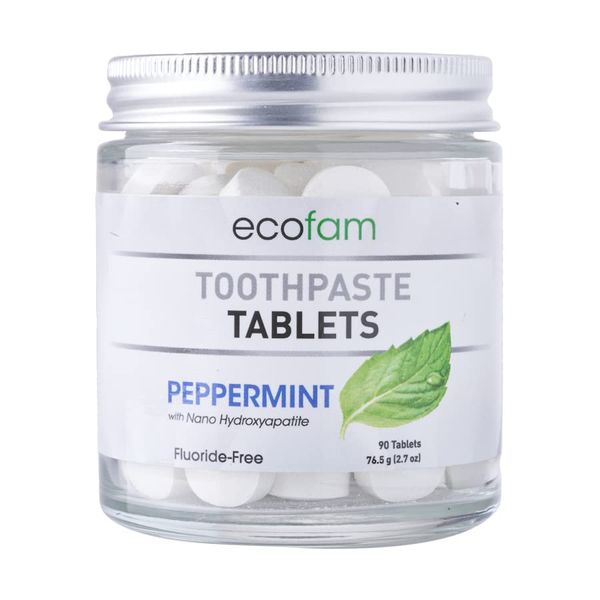 Ecofam Chewable Toothpaste Tablets - 90 Natural Peppermint Tabs - Zero Waste Glass Jar - Fluoride-Free -with Nano Hydroxyapatite - Made in The USA