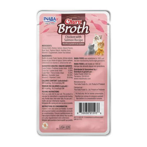 INABA Churu Broth Treats for Cats, Shredded Chicken & Creamy Broth with Vitamin E, 1.4 Ounces per Pouch, 8.4 Ounces Total (6 Servings), Chicken with Salmon Recipe