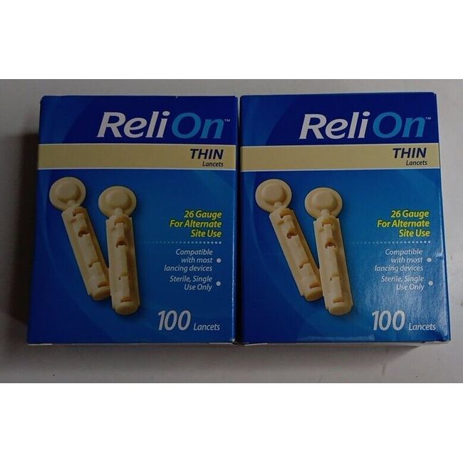 2 Boxes ReliOn 26 Gauge Micro-Thin Lancets, Sampling Diabetic Supplies 100-ct