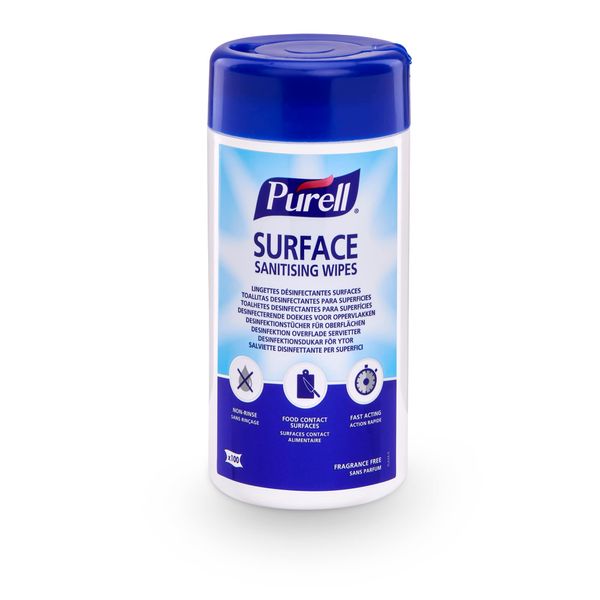 Purell Surface Sanitizing Wipes, 100 Count Canister - Unscented Food Contact Sanitizing Wipes - Kills 99.999% of Most Harmful Germs - No Rinse Required