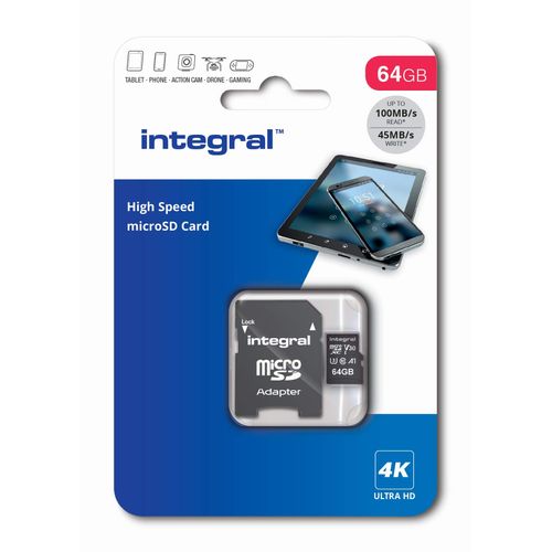 Integral Memory 64GB microSDxC Premium High Speed Memory Card up to 100MB/s Read 45MB/s Write V30 UHS-I U3 + SD Adapter by Integral Memory