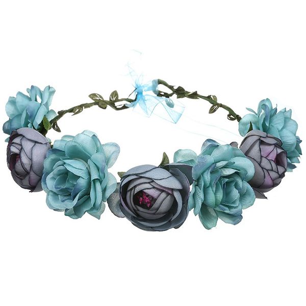 June Bloomy Women Rose Floral Crown Hair Wreath Leave Flower Headband with Adjustable Ribbon (Blue)