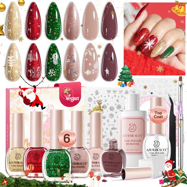 AZUREBEAUTY Christmas Nail Polish Set 6 Colors Glitter Nude Red Brown Green Gold Quick Dry Nail Polish Kits with Top Coat & Fall Nail Polish Remover Vegan Long Lasting Sheer Nail Polish