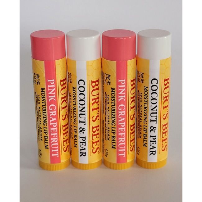 4 Burt's Bees Moisturizing Lip Balm 100% Natural Coconut & Pear /Pink Grapefruit