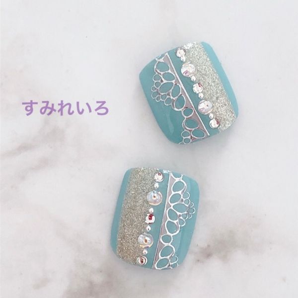 Pedi tip (you can choose the size!) Sparkling summer nails for the beach or traveling ☆ Great for yukata or fireworks festivals ☆<br> ●Blue lace line