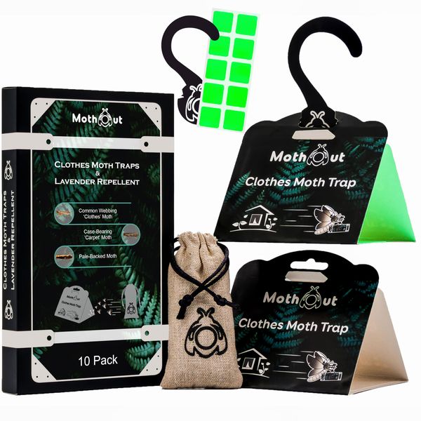 MothOut 10 Pheromone Clothes Moth Traps, Carpet Moth Killer + Lavender Moth Repellent for Wardrobe Protection + 10 Lighting Plates, Odourless Sticky Cloth Moths Trap, Safe Home Anti Moth Treatment