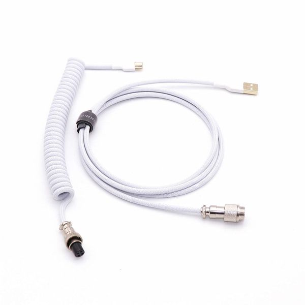 Angitu L Shape Single Sleeved PET Coiled Type C Cable for Mechanical Keyboard Coiling Spring Sprial Cable with GX12 Aviator (1.5M+0.2M, White)