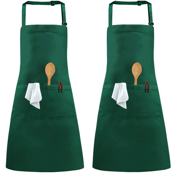 Auranso 2 Pack Aprons, Adjustable Neck Chef Apron with 2 Pockets Kitchen Cooking Apron for Women Men Home Baking Gardening BBQ Craft Restaurant Green