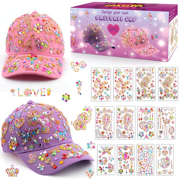 Gifts for Girls 4 5 6 7 8 9 10 Years Old DIY Baseball Cap, Decorate Your Own Cap with Glitter Gem Stickers, Back to School Birthday Present for Girls, Baseball Cap Craft Kit, Kids Girl Outdoor Sun Hat