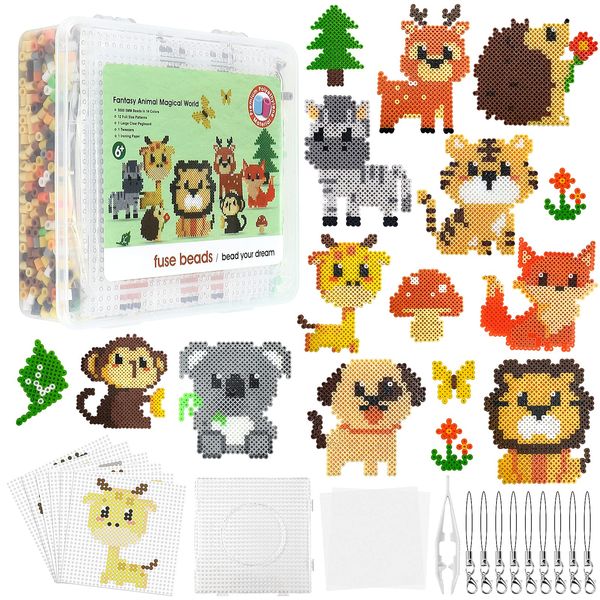 Homgaty Fuse Beads Kit - 5000 PCS 5mm Bead 15 Patterns Melty Fusion Beads Arts and Crafts Pearler Set Gifts for Kids, Christmas Easter Gifts for Kids (Animal)