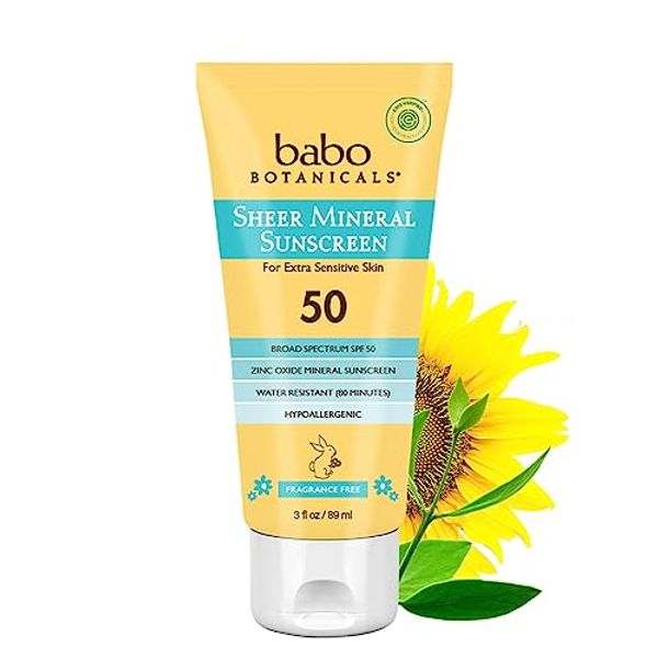 Babo Botanicals Sheer Mineral Sunscreen Lotion SPF 50 with 100% Mineral Active Ingredients - for Babies, Kids or Extra Sensitive Skin - Lightweight, Water Resistant & Fragrance Free - 3 fl. oz.