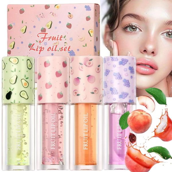 4Pcs Hydrating Lip Oil Set,Hydrating Lip Gloss,Plumping Lip Oil Tinted,Fruit-Flavored Lip Glow Oil Set Lip Care Kit,Moisturizing Lip Oil,Moisturizing Lip Balm Fruit,Transparent Moisturizing Lip Gloss