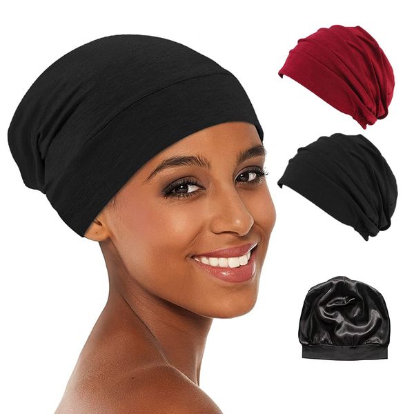 2 PCS Silk Bonnet for Sleeping Silk Hair Wrap Satin Bonnet Silk Sleep Caps for Women Head Wrap Stain Bonnet for Curly Hair Scarf Silky Durags for Men Stay on Overnight Cap - Red & Black