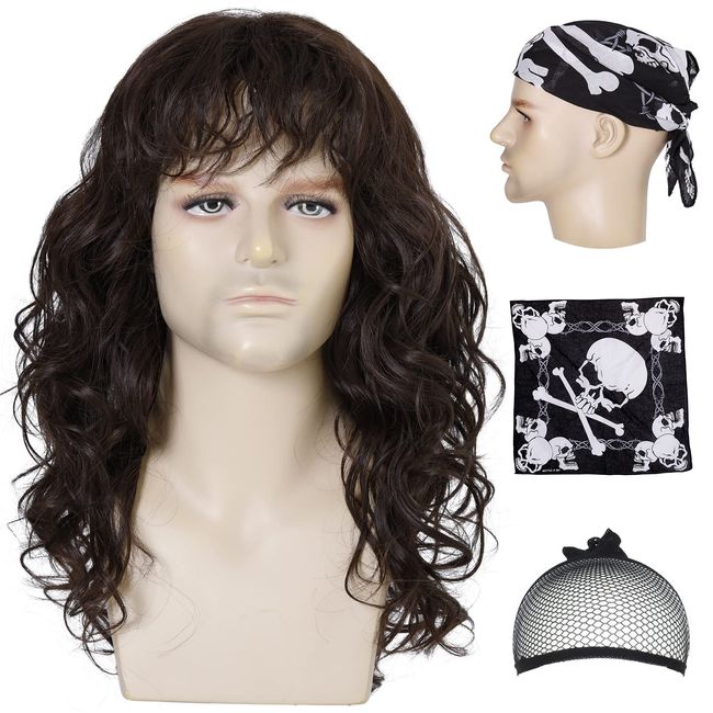 Eddie Wig with Headscarf 80s Mens Mullet Dark Brown Curly Hair Wig Glam Metal Punk Rock Rocker Wig Perfect for Halloween, Cosplay, DIY Themed Costume Party (Dark Brown)