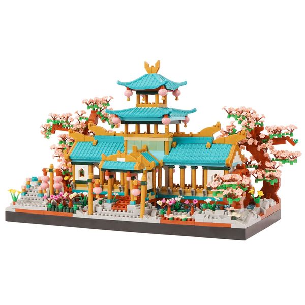 Geniteen Micro Building Blocks, Chinese Classical Garden Building Blocks Set Architecture DIY Cherry Trees Building Kit for Adults