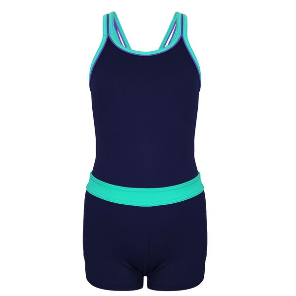 Aquarti Girls' Swimming Costume - Sports Swimsuit Girls with Leg and Racerback, Chlorine Resistant, Dark Blue / Green, 146