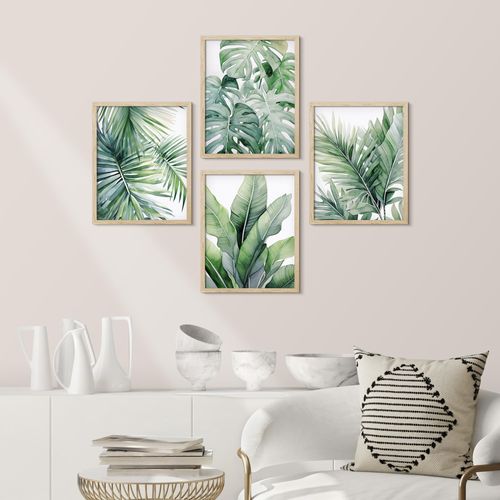 SIGNWIN Framed Poster Tropical Jungle Plants Green Leaves Print Nature Illustration Decorative Country/Farmhouse Rustic Cozy Zen for Living Room, Bedroom, Office - 12"x16"x4 Natural