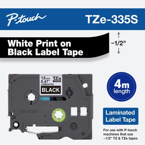 Brother Genuine P-Touch TZe-335S Economy Label Tape, Standard Laminated P-Touch Tape, White on Black, Perfect for Indoor or Outdoor Use, Water Resistant, (4M), Single-Pack