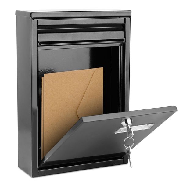 Lockable Wall Mount Mailbox - Galvanized Iron, 2 Keys - Secure Letter Post Box for Home & Office - Black