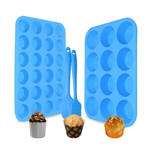 2Pack muffinform silikon,12 Cavity silikon backform + 24 Cavity mini muffins backform BPA-freie Antihaft-sichere Muffin Backform Pfanne für Cupcake Biscuit Bagels Muffins (Blau[12+24])