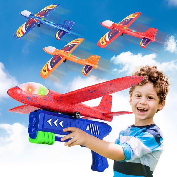 TAOTENDAR Airplane Launcher Toys,3 Pack 13.2'' LED Foam Glider Catapult Plane Toy for Boys,2 Flight Modes Outdoor Flying Toys Birthday Gifts for Boys Girls 3 4 5 6 7 8 9 10 11 12 Year Old