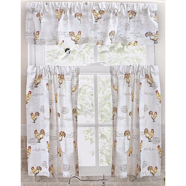ENVOGUE FRENCH COUNTRY ROOSTER SCRIPT WINDOW TIER PAIR+VALANCE CURTAIN SET - 3PC