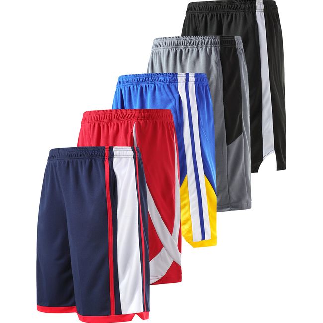 5 Pack Big Boys Youth Athletic Mesh Basketball Shorts with Pockets Quick Dry Activewear (Set 3, Large)