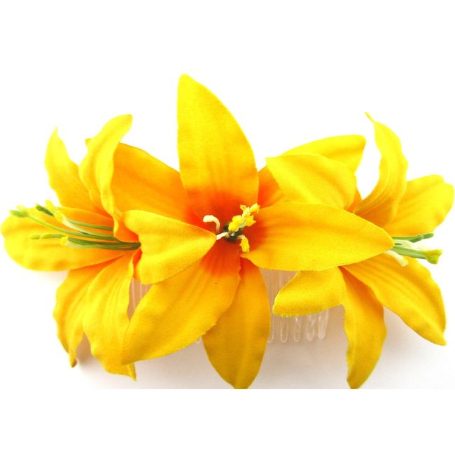 Triple 3.5" Yellow Lily Silk Flower Hair Comb