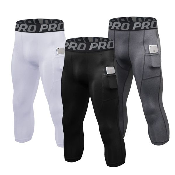 Mens 3/4 Compression Pants 3 Pack Basketball Running Tights Dry Fit Workout Leggings with Pockets Gym Sports Base Layer