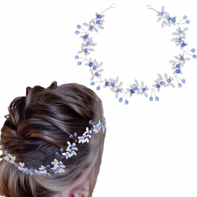 Flayem Braut Hochzeit Haarrebe Blau Strass Haarranke Glitzer Kristall Blatt Haarband Kopfschmuck Haarschmuck für Brautjungfer und Frauen