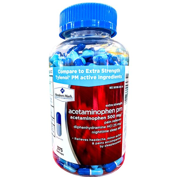 Member's Mark Extra Strength Acetaminophen PM Gelcaps 375 Count EXP: 12/2026