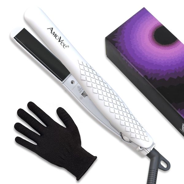 AmoVee Mini Flat Iron Nano-Titanium Hair Straightener Dual Voltage for Travel, Heat Resistant Glove Included, White