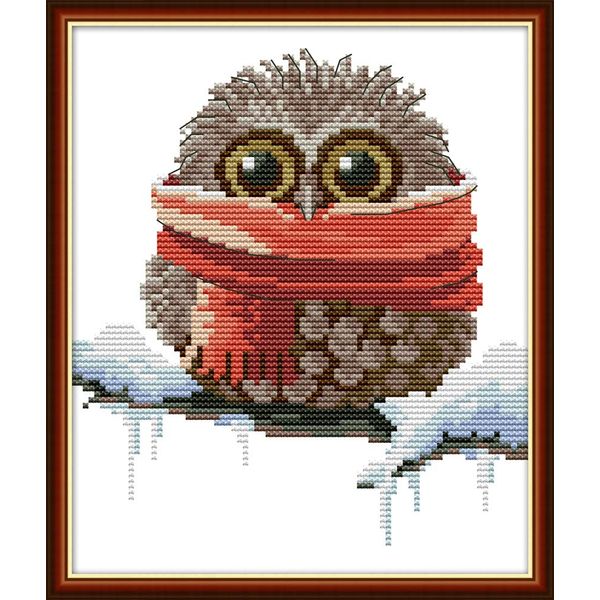 Maydear Cross Stitch Kits Stamped Full Range of Embroidery Starter Kits for Beginners DIY 11CT 3 Strands - Owl with a Scarf 9.4×11(inch)