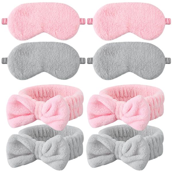 Kaisibum 4 Stück Bowknot Haarbänder Kosmetik und 4 Stück Schlafmaske Frauen Gesicht Wasch Haarband Elastisches Stirnband Weiche Sleeping Mask Schlafmaske für Frauen Mädchen