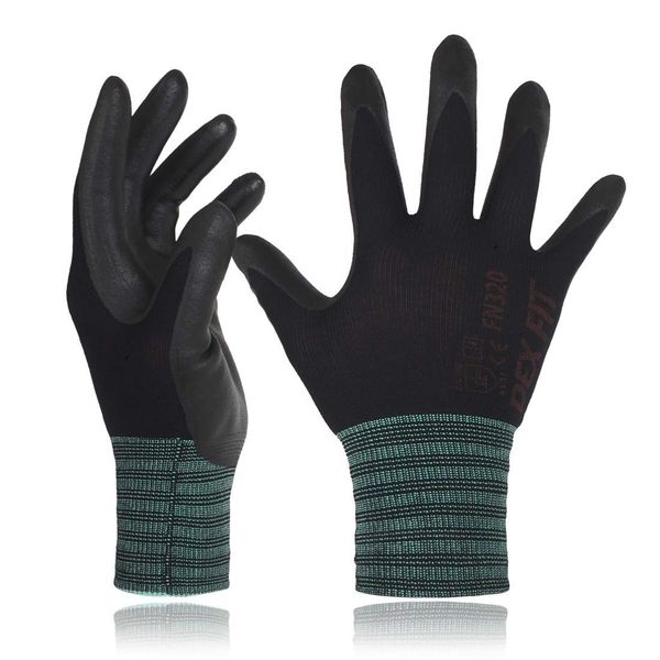 DEX FIT Premium Nylon Work Gloves FN320 - Firm Nitrile Grip, 3D-Comfort Stretchy Fit, Thin & Lightweight, Protective & Durable, Breathable, Machine Washable; Black 8 (M) 1 Pair