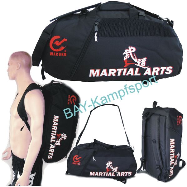 BAY XL Sporttasche "Martial Arts" im Rucksack Syte shoulder bag Kickboxen Kick-Boxen, Kampfsport, Budo, MMA, Thaiboxen Muay Thai, Tasche, Trainingstasche, Kickboxtasche Bag, schwarz, Rucksack Rucksacktasche Kombietasche Kampfsporttasche Judo Karate Cross 