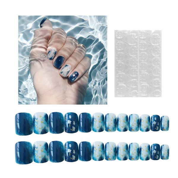 Andiker Press on Nails, False Nails Square Deep Ocean Glitter UV Gel False Medium Length Cute Artificial Fake Nails with Nail Glue Glossy and Reusable Full Cover Wear Nail for Women (Ocean)