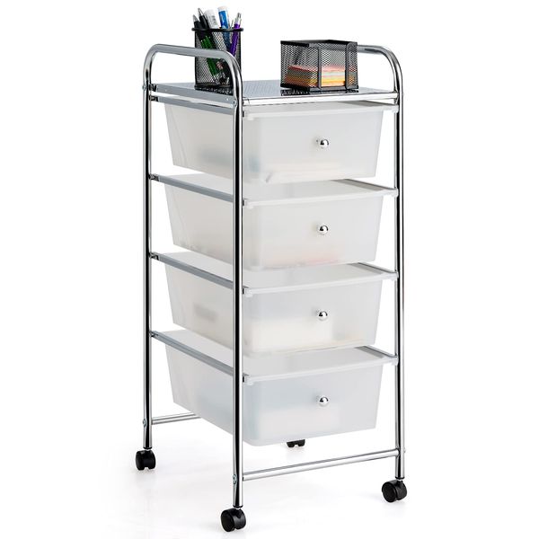 Giantex Rolling Cart with Drawers, Craft Organizer with Wheels, 4 Drawer Storage Container Bins for Home School Office Scrapbook Paper Tools, Clear White