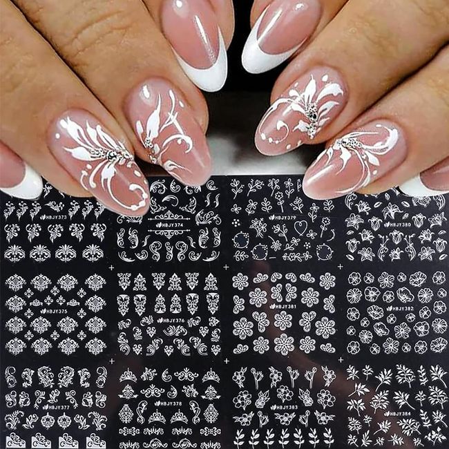 White Flowers Nail Art Stickers Decals 12 Sheets 3D Self-Adhesive White Lace Flower Leaf Nail Supplies Hollow Retro Floral Vine Leaf Nail Designs for Women Girls Nail Art Decoration