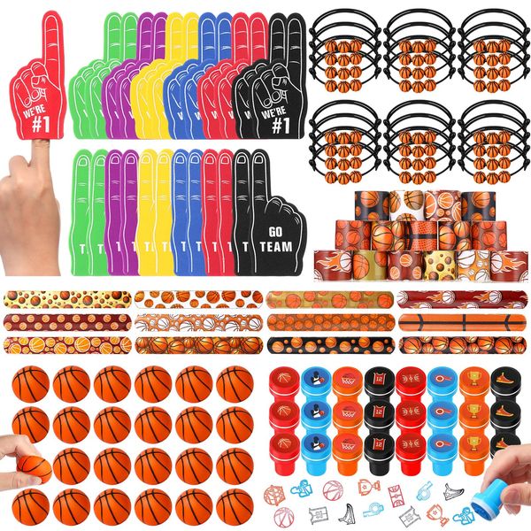 Aoriher 120 Pcs Basketball Sports Party Favors Set Serve 24, Basketball Goodie Bulk Foam Finger Mini Stress Ball Slap Bracelet Charm Bracelet Stamp for Girl Boy Kids Basketball Theme Party Supplies