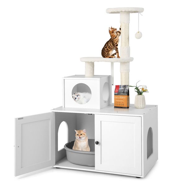 2-in-1 Wooden Litter Box Enclosure w/ Cat Tree Hidden Washroom Furniture White