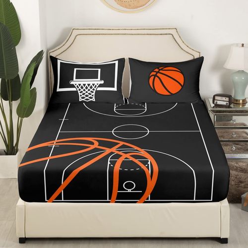 Basketball Court Print Fitted Sheet,Ball Sports Games Themed Bedding Set All-Round Elastic Deep Pocket,Orange Basketball and Hoop Breathable Luxury Bed Sheet ( 1 Fitted + 2 Pillowcases), Queen Size